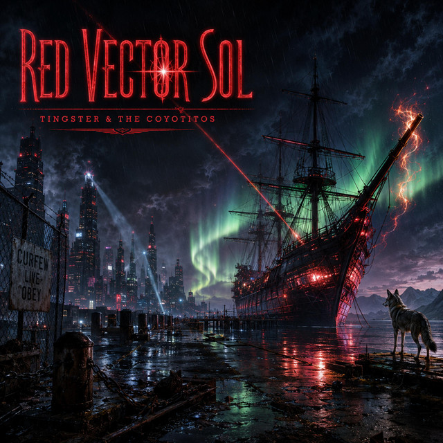 Red Vector Sol: crimson-lit galleon at a curfew-city dock under green aurora, a coyote on the pier